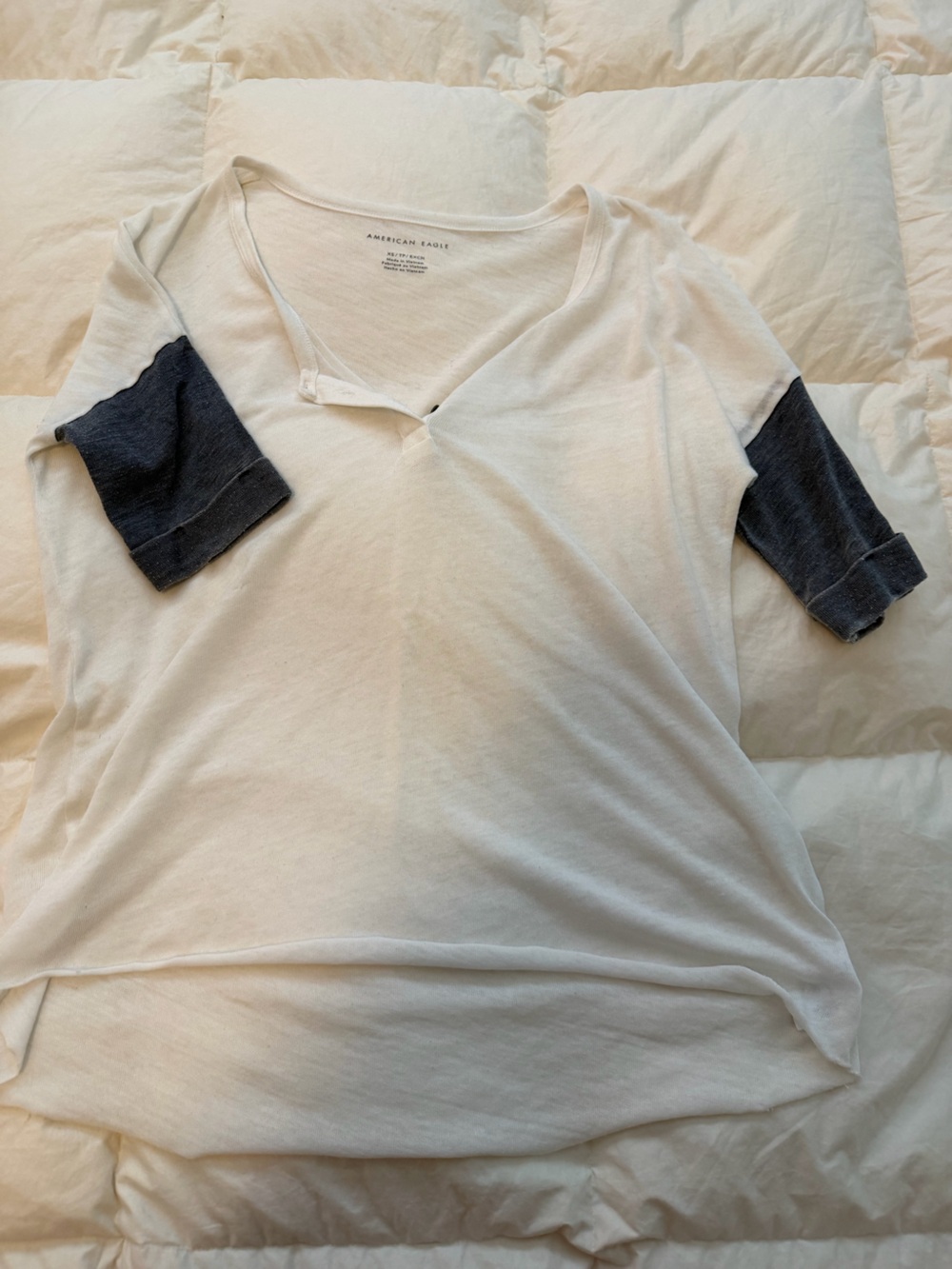 American Eagle Outfitters Two-Tone V-Neck Long Sleeve Top - White with Navy
